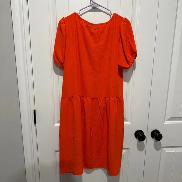 NEW Nina Leonard Vibrant Orange Puff Sleeve Midi Dress - Picture 6 of 6